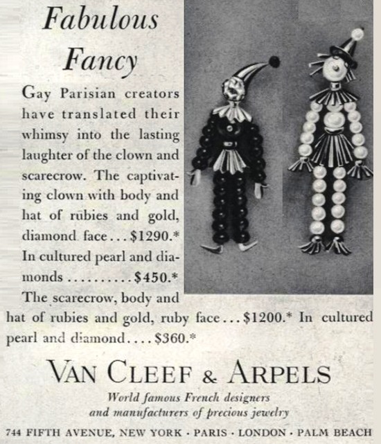 Van Cleef Clown and scarecrow made in gold, diamonds, rubies and cultured pearls, Vogue February 1949