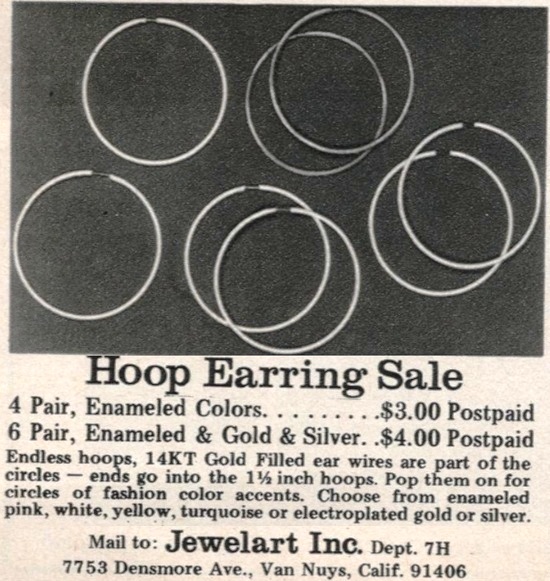 Van Nuys Jewelart Inc Enameled gold and silver hoop earrings. Seventeen Magazine Oct 1975