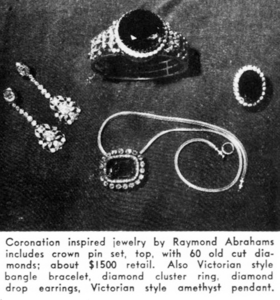 Victorian style bangle bracelet, diamond cluster ring, diamond drop earrings, amethyst pendant, March 1953 ad