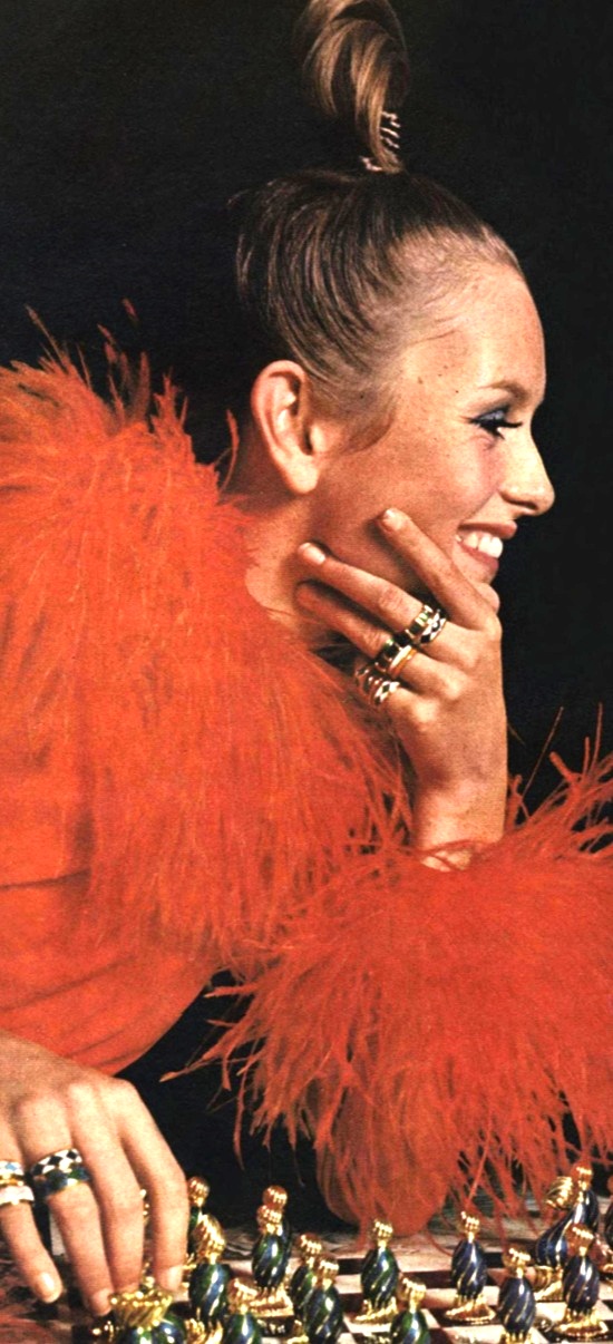 Vogue November 15, 1967, Twiggy wearing enamel rings and pin by Ciner