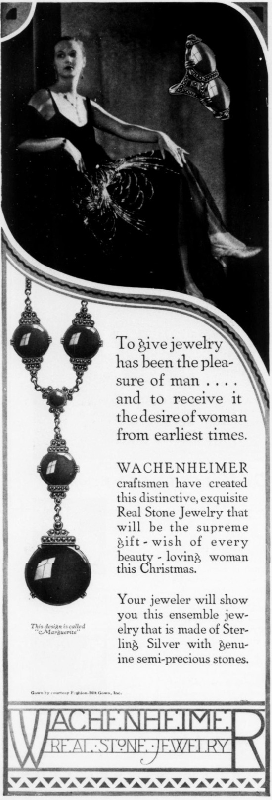 Wachenheimer real stone jewelry, Harper's Bazaar  December 1929 ad