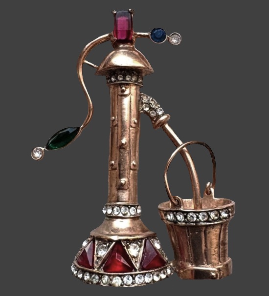 Water pump with bucket gold over sterling silver and rhinestones brooch