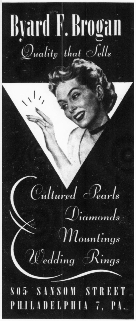 Wedding rings with cultured pearls and diamonds, December 1954