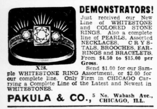 Whitestone and colored stone rings, The Billboard 1939 ad