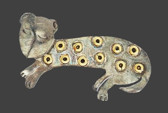 Wild cat leopard two tone sterling silver pin brooch