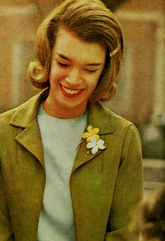 Yellow and white flower enameled pins, Mademoiselle January 1962