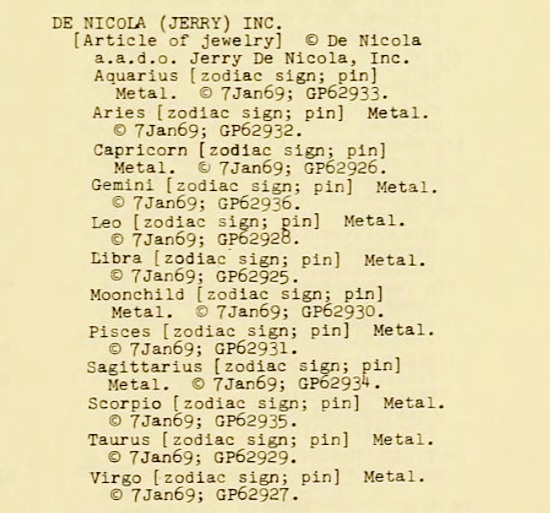 Zodiac sign articles of jewelry, Copyright Entries, 1969