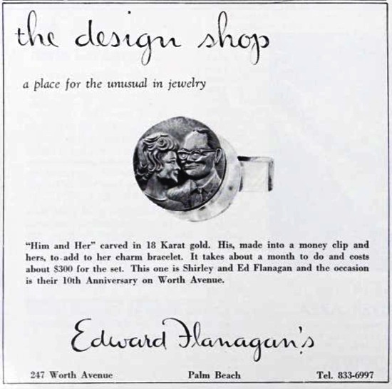 ‘Him and Her’ carved in 18 K gold. His, made into a money clip and hers, to-add to her charm bracelet. It costs about $300 for the set. January 1963 ad